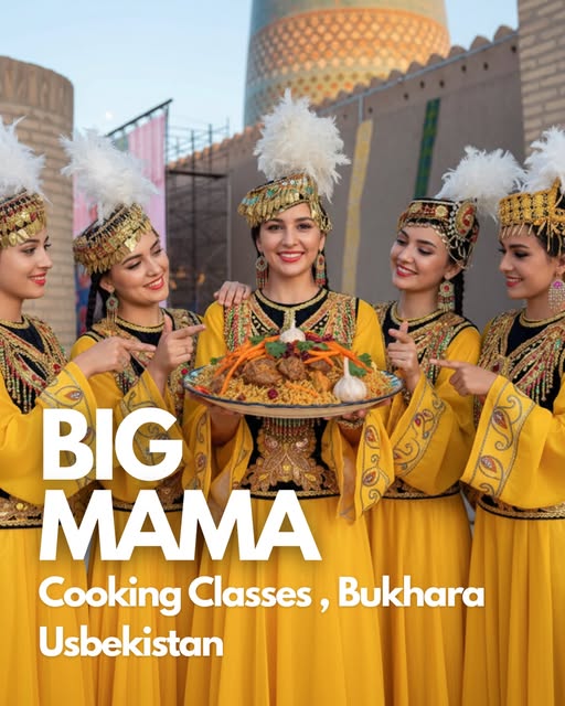 Women in traditional Uzbek dress presenting a plate of plov