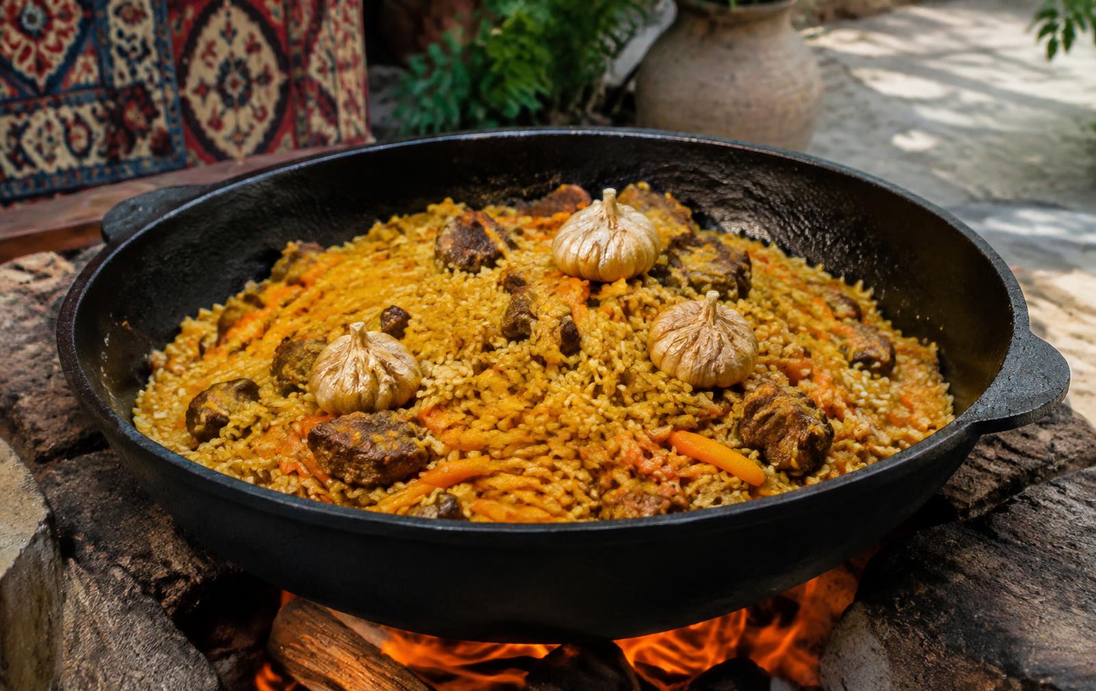 Uzbek plov cooking in a cast-iron kazan over a wood fire